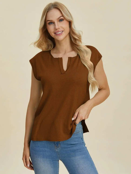 Double Take Full Size Notched Cap Sleeve Knit Top - Trendsi - Flyclothing LLC