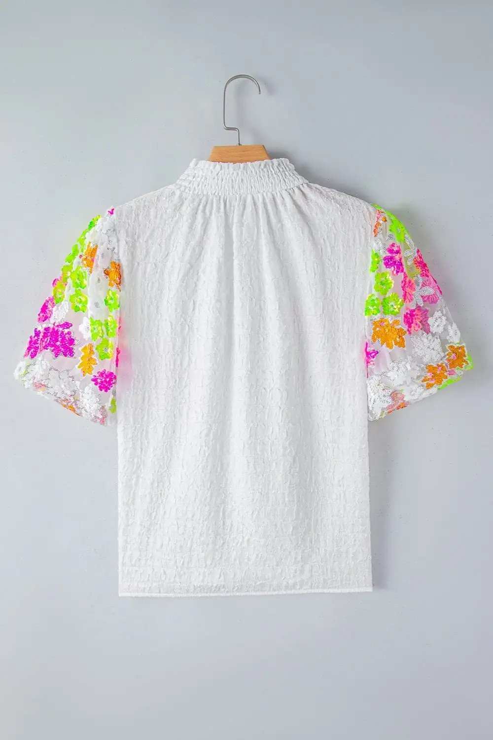 Sequin Flower Mock Neck Half Sleeve Blouse - Trendsi - Flyclothing LLC