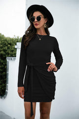 Tied Round Neck Long Sleeve Mini Dress - Trendsi - Flyclothing LLC