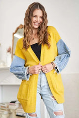 ADORA Full Size Frayed Denim Sleeve Sweater Cardigan Plus Size - Trendsi - Flyclothing LLC