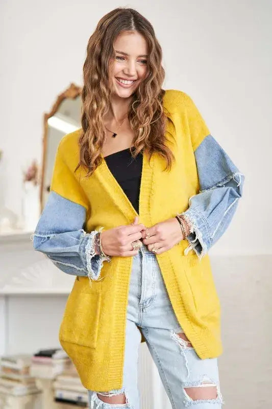 ADORA Full Size Frayed Denim Sleeve Sweater Cardigan Plus Size - Trendsi - Flyclothing LLC