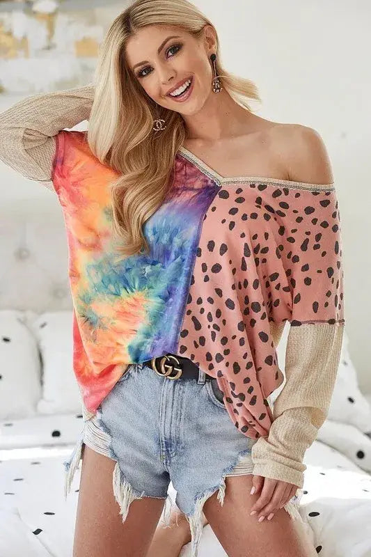 BiBi Print Block V Neck Top with Contrast Stitching - Trendsi - Flyclothing LLC