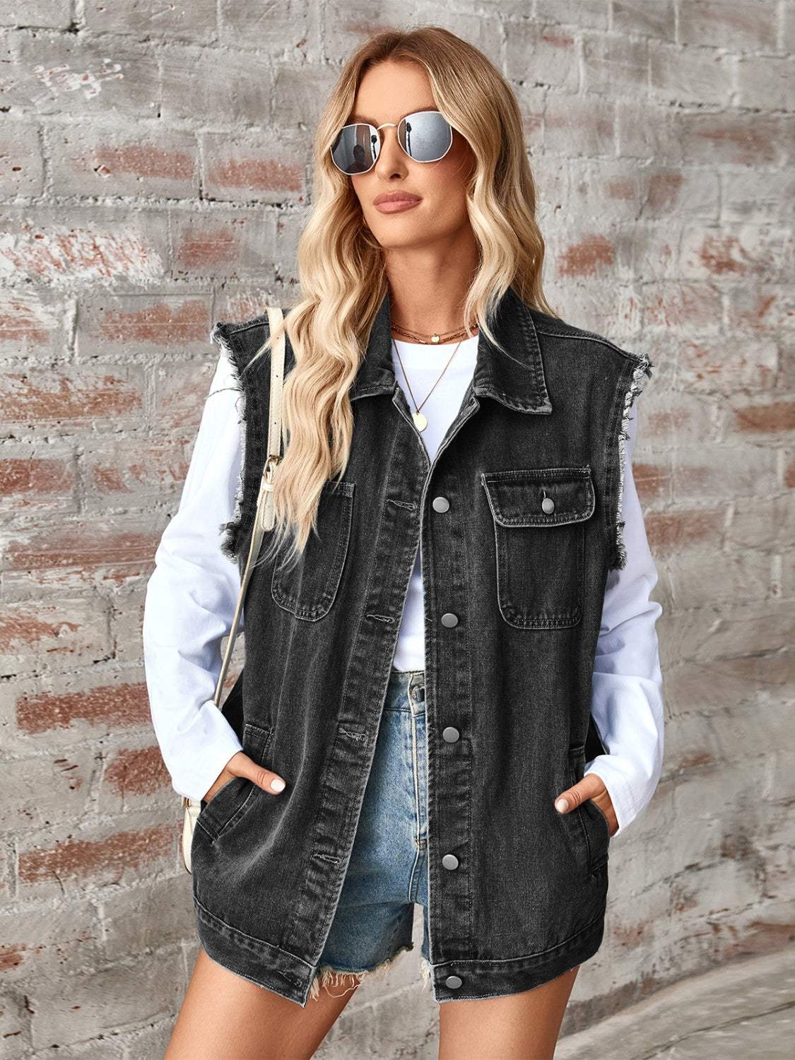 Raw Hem Sleeveless Button Up Denim Jacket - Trendsi - Flyclothing LLC