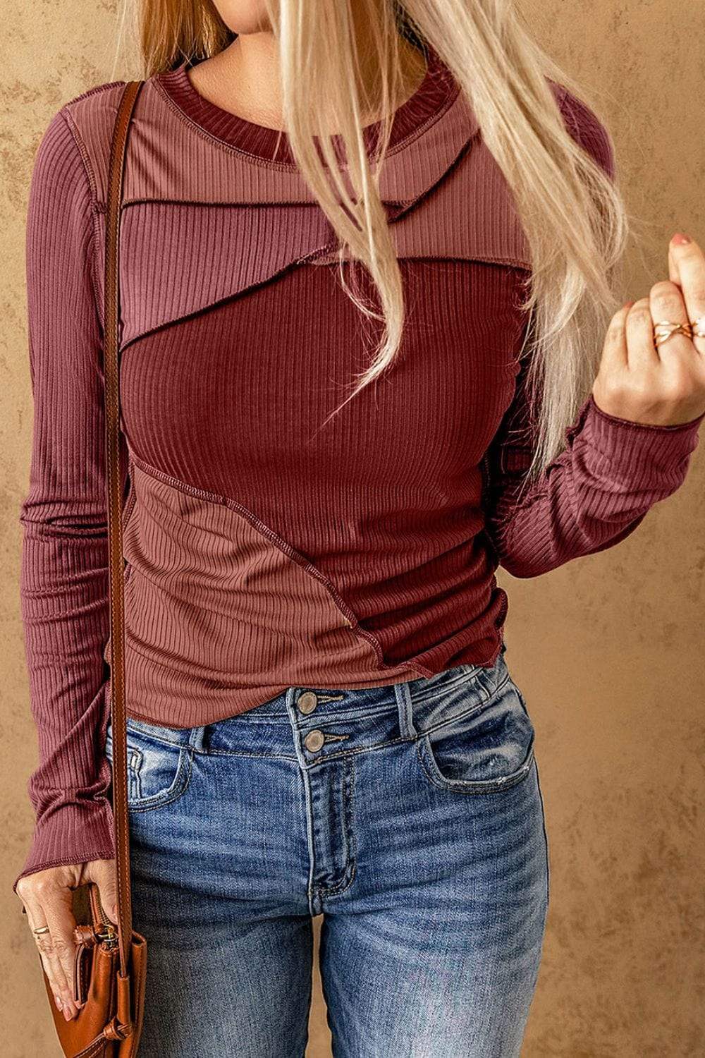Exposed Seam Contrast Round Neck Long Sleeve T-Shirt - Trendsi - Flyclothing LLC
