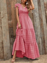 Printed V-Neck Ruffled Cap Sleeve Maxi Dress - Trendsi - Flyclothing LLC