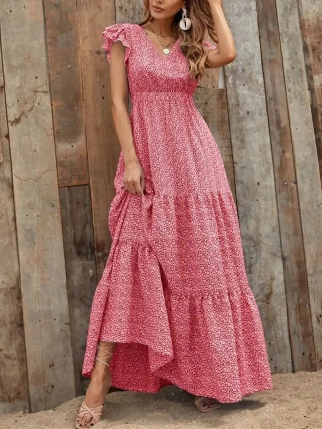 Printed V-Neck Ruffled Cap Sleeve Maxi Dress - Trendsi - Flyclothing LLC