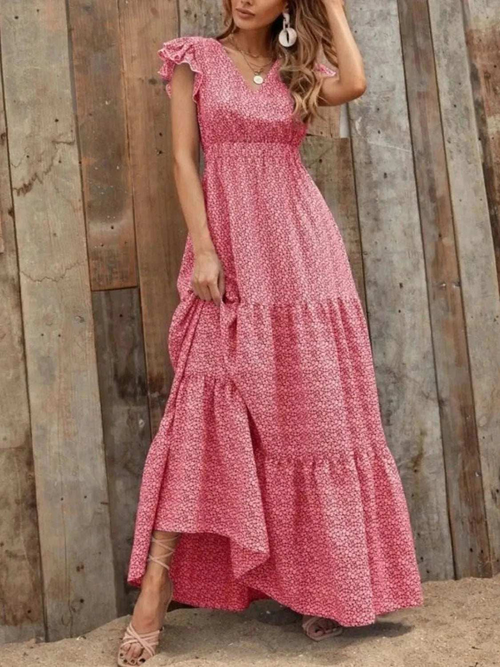 Printed V-Neck Ruffled Cap Sleeve Maxi Dress - Trendsi - Flyclothing LLC