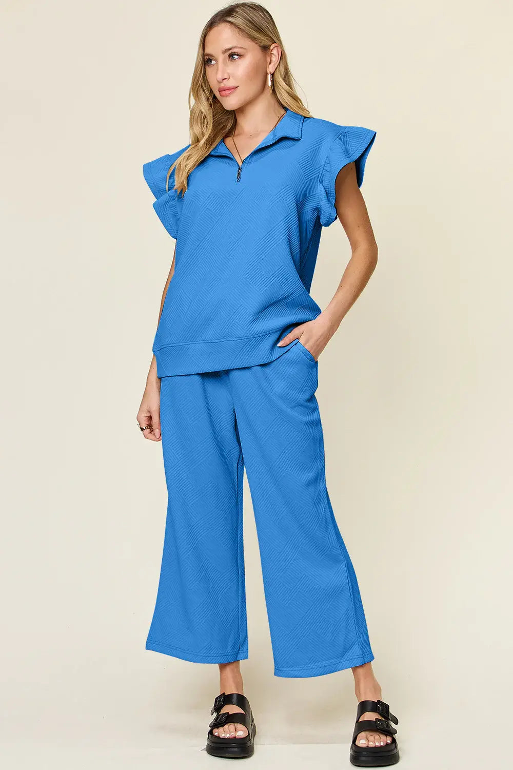 Double Take Texture Ruffle Short Sleeve Top and Drawstring Wide Leg Pants Set - Trendsi - Flyclothing LLC