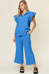 Double Take Texture Ruffle Short Sleeve Top and Drawstring Wide Leg Pants Set - Trendsi - Flyclothing LLC