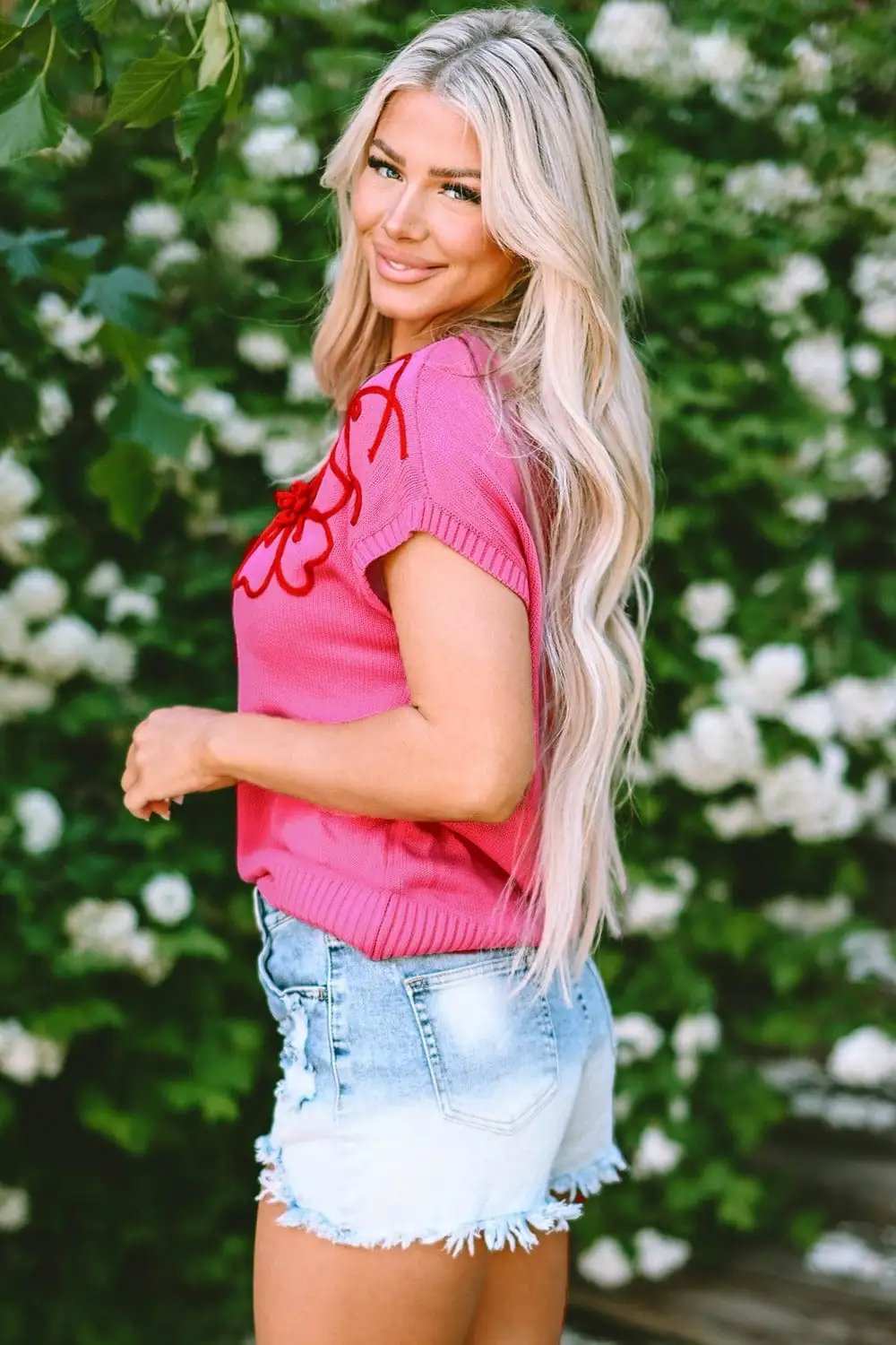 Crochet Flower Round Neck Cap Sleeve Sweater - Trendsi - Flyclothing LLC