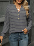 Striped Henley T-Shirt with Button Detail - Trendsi - Flyclothing LLC