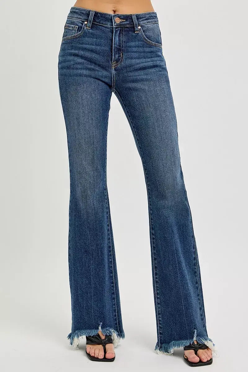 RISEN Full Size Mid Rise Flare Frayed Hem Jeans Plus Size - Trendsi - Flyclothing LLC