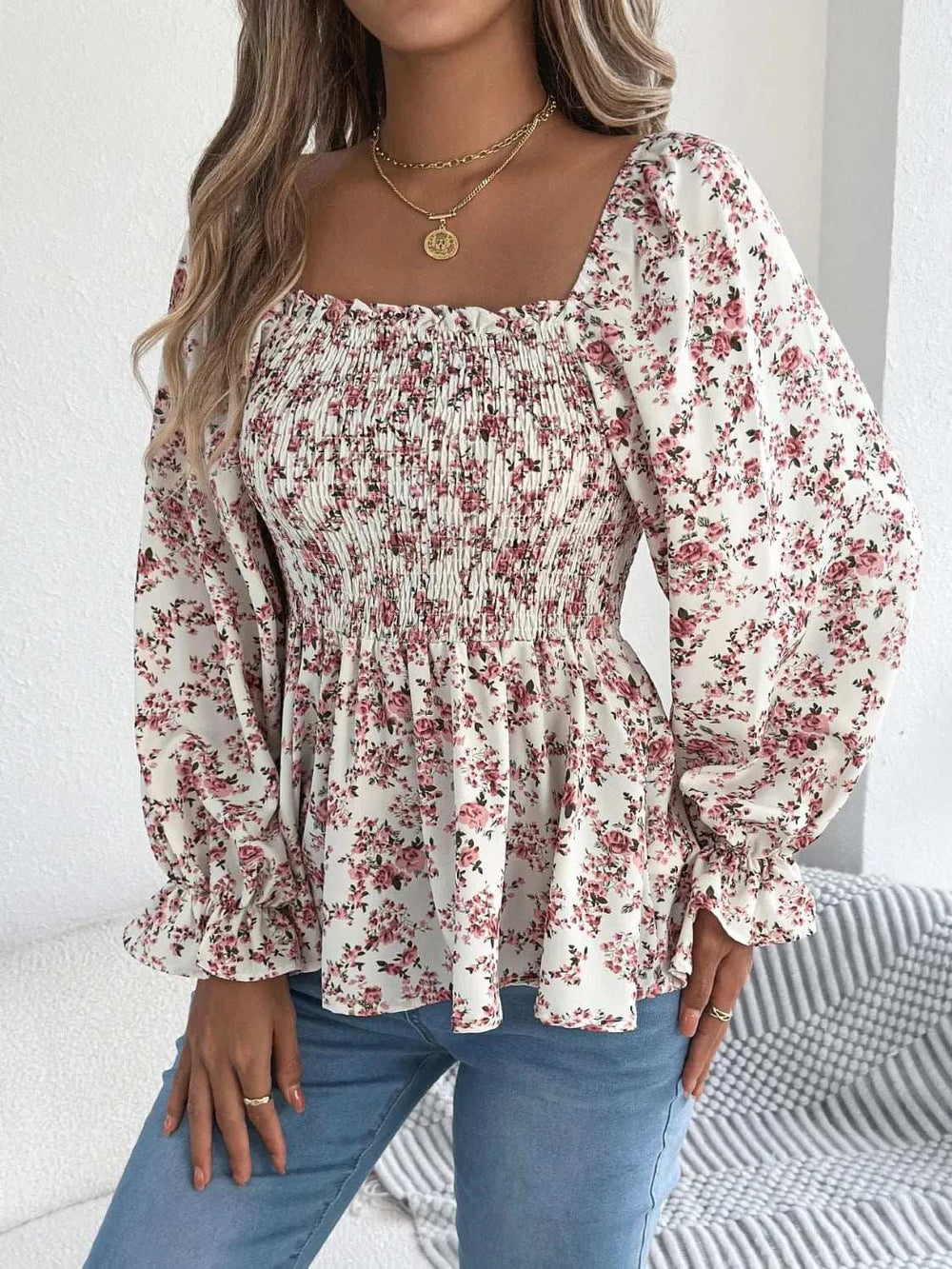 Floral Square Neck Flounce Sleeve Blouse - Trendsi - Flyclothing LLC