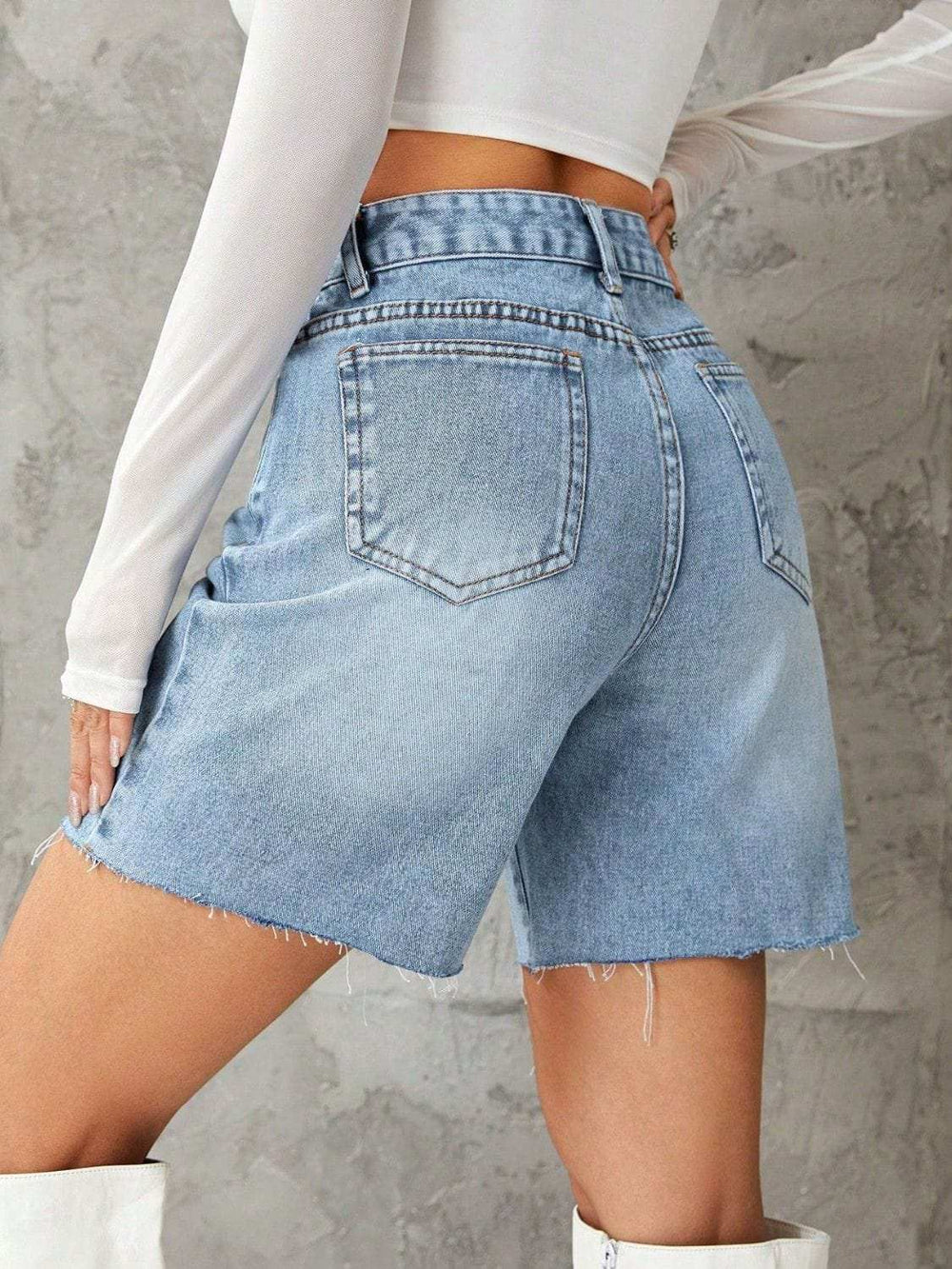 Frayed Hem Denim Shorts - Trendsi - Flyclothing LLC