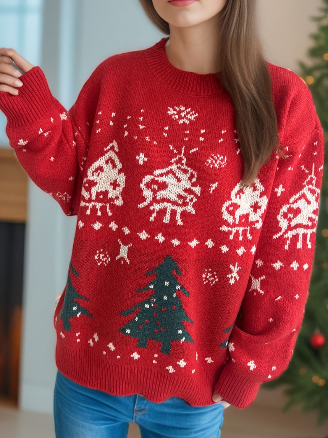 Christmas Element Round Neck Long Sleeve Sweater - Trendsi