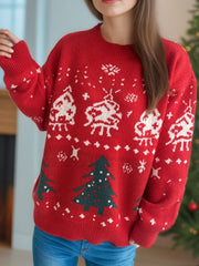 Christmas Element Round Neck Long Sleeve Sweater - Trendsi