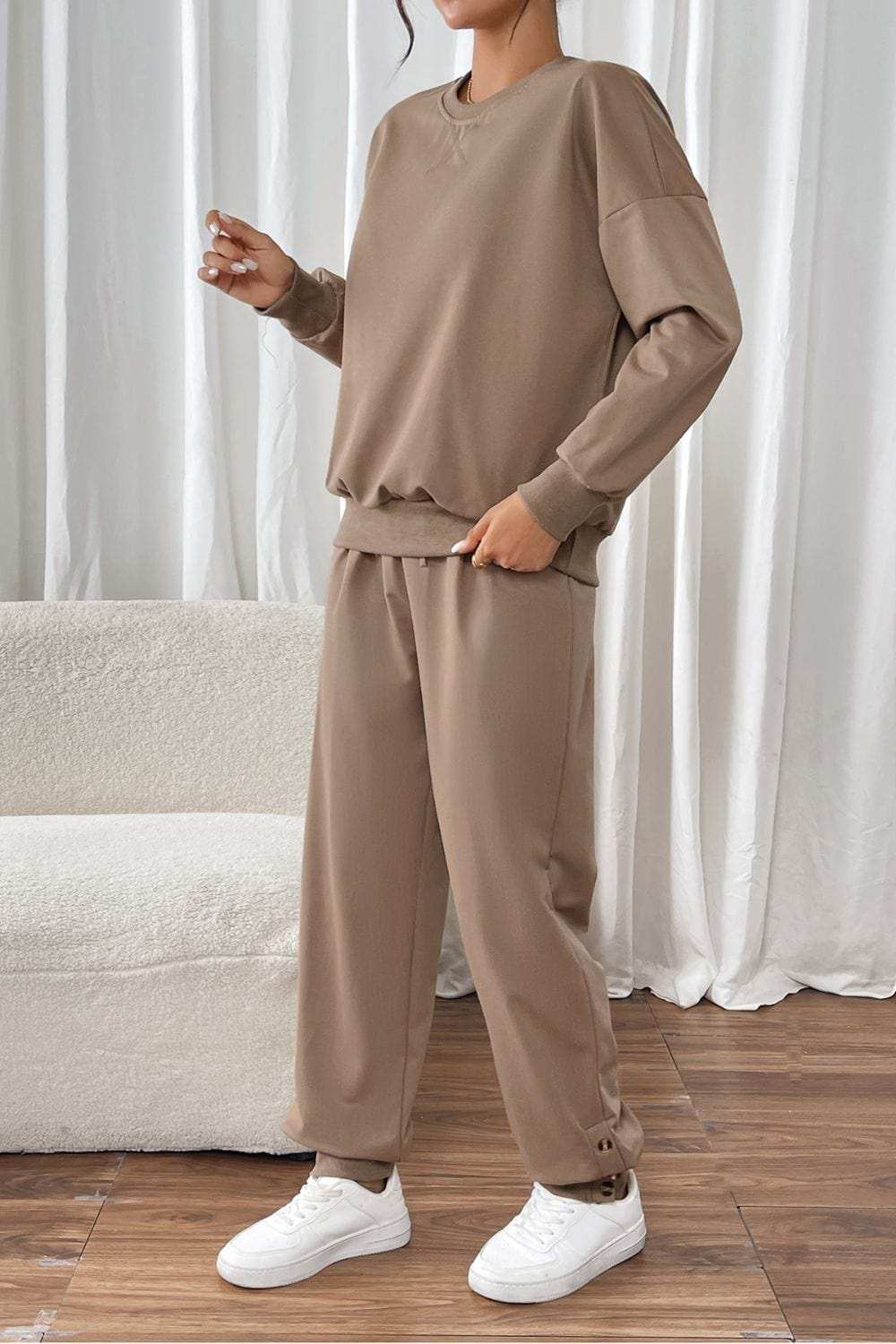 Perfee Round Neck Long Sleeve Top and Pants Set - Trendsi - Flyclothing LLC
