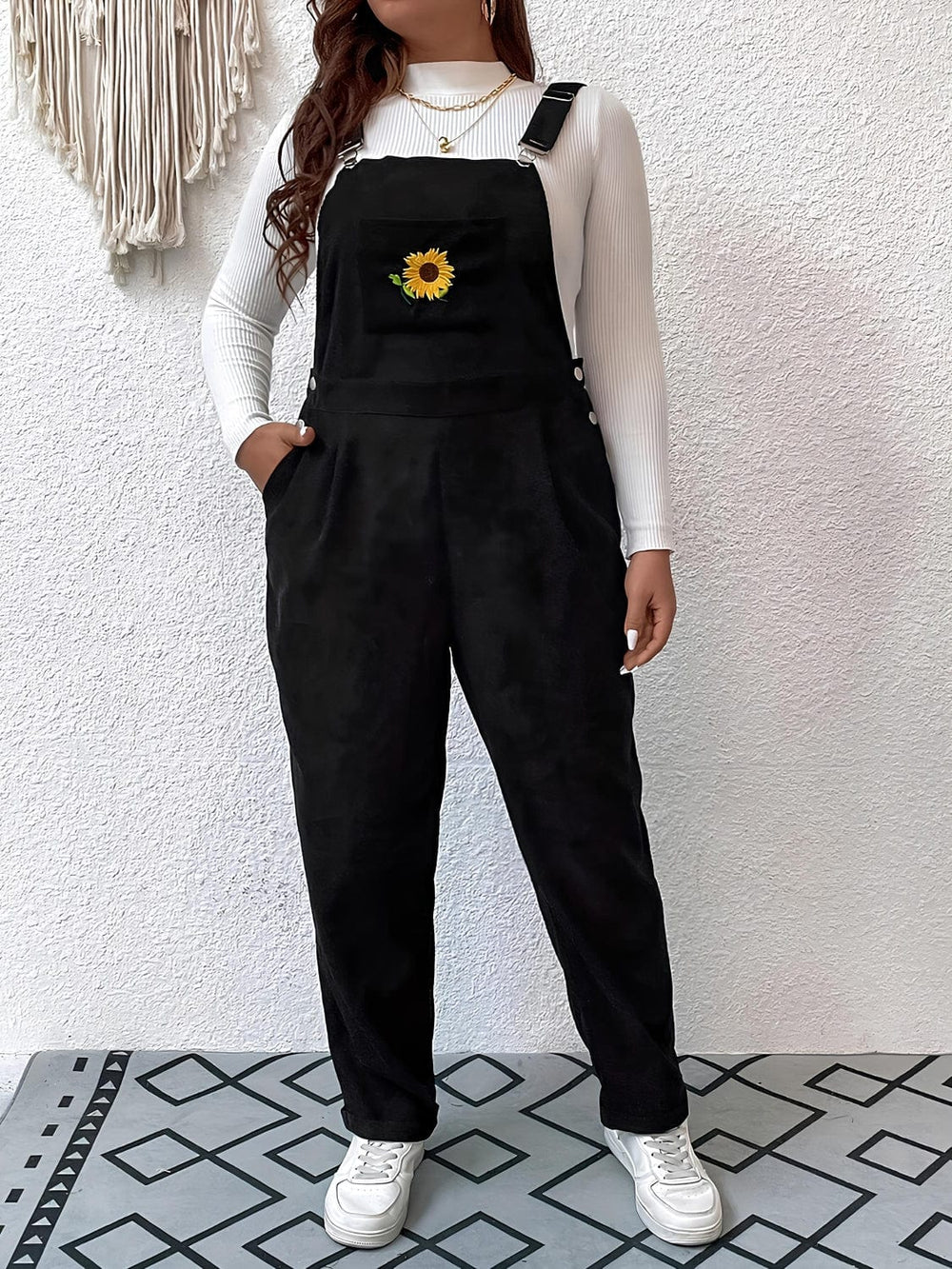 Embroidered Sunflower Wide Strap Overalls with Pockets - Trendsi