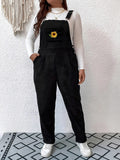 Embroidered Sunflower Wide Strap Overalls with Pockets - Trendsi