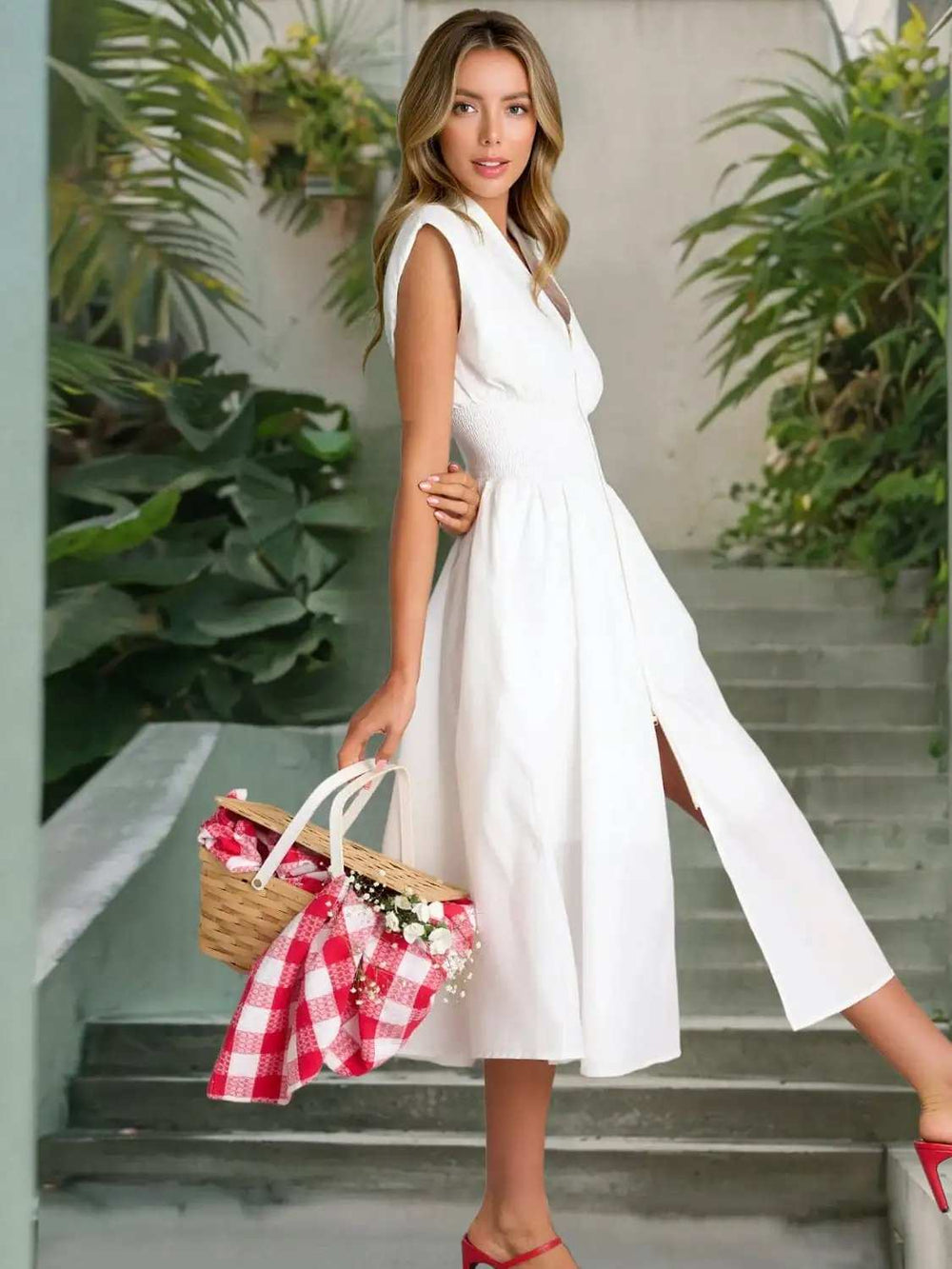 Smocked Zip Front Cap Sleeve Dress - Trendsi - Flyclothing LLC