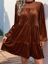 Perfee Tiered Ruched Mock Neck Long Sleeve Dress - Trendsi - Flyclothing LLC