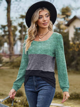 Color Block Square Neck Long Sleeve T-Shirt - Trendsi - Flyclothing LLC
