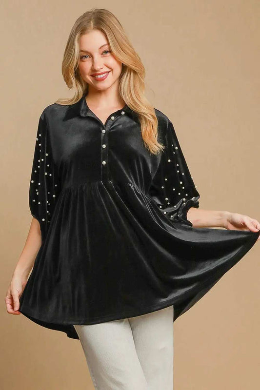 Umgee Pearl Detail Half Sleeve Velvet Babydoll Blouse - Trendsi - Flyclothing LLC