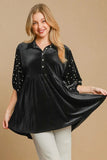 Umgee Pearl Detail Half Sleeve Velvet Babydoll Blouse - Trendsi