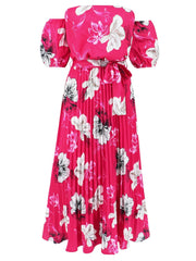Pleated Floral Off-Shoulder Short Sleeve Midi Dress - Trendsi