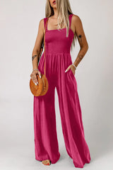 Smocked Square Neck Wide Leg Jumpsuit with Pockets - Trendsi - Flyclothing LLC