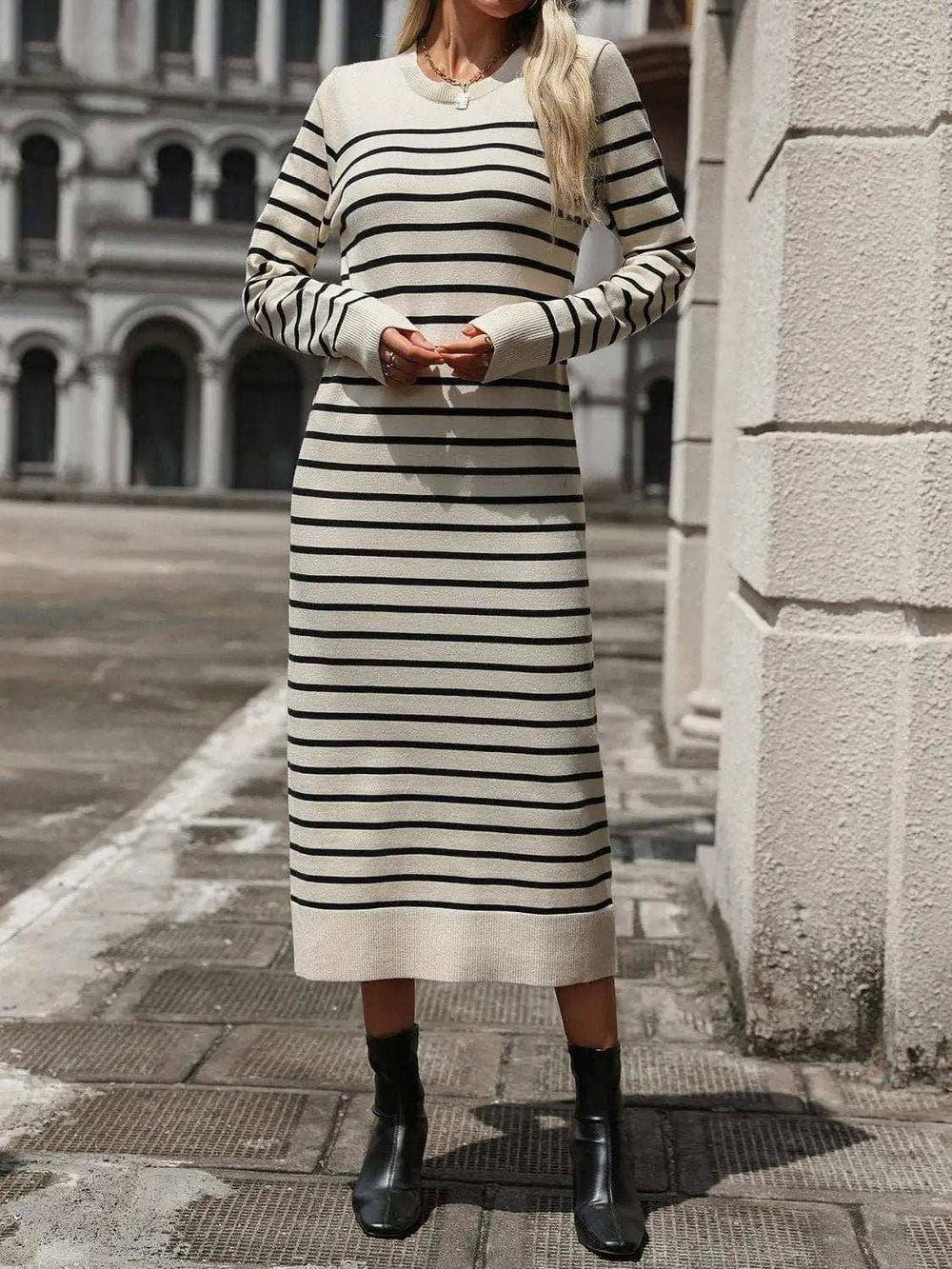 Striped Round Neck Long Sleeve Dress - Trendsi - Flyclothing LLC