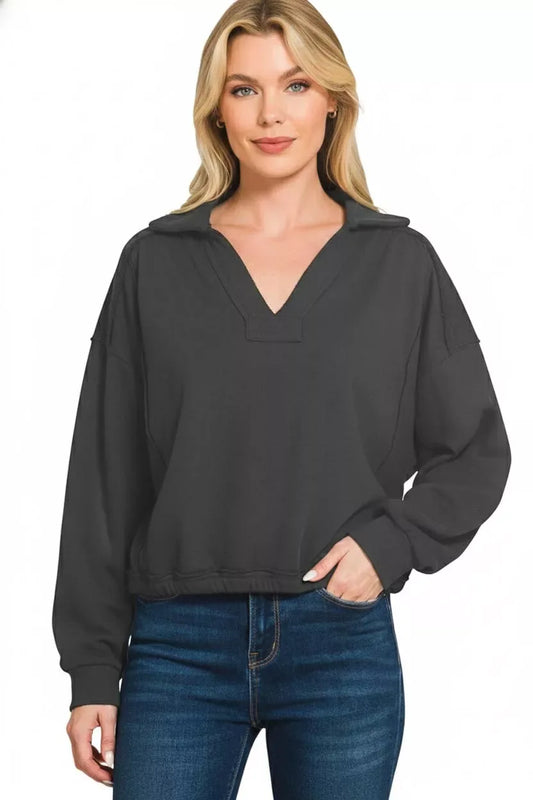 Zenana French Terry Collared Exposed Seam Sweatshirt - Trendsi - Flyclothing LLC
