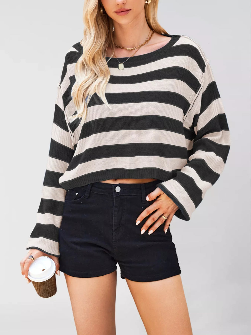 Striped Dropped Shoulder Sweater - Trendsi - Flyclothing LLC