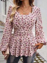 Peplum Printed Long Sleeve Blouse - Trendsi