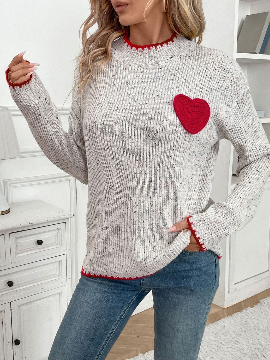 Perfee Contrast Heart Round Neck Long Sleeve Sweater - Trendsi