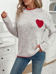 Perfee Contrast Heart Round Neck Long Sleeve Sweater - Trendsi