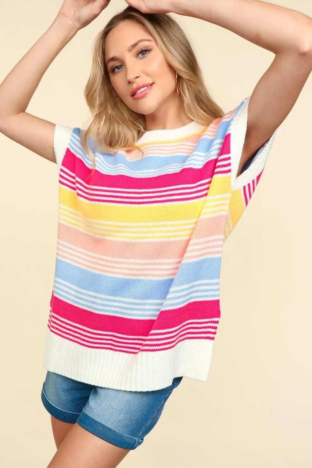 Haptics Striped Side Slit Short Sleeve Knit Top - Trendsi - Flyclothing LLC