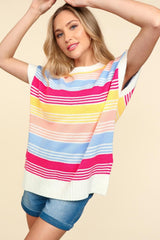 Haptics Striped Side Slit Short Sleeve Knit Top - Trendsi