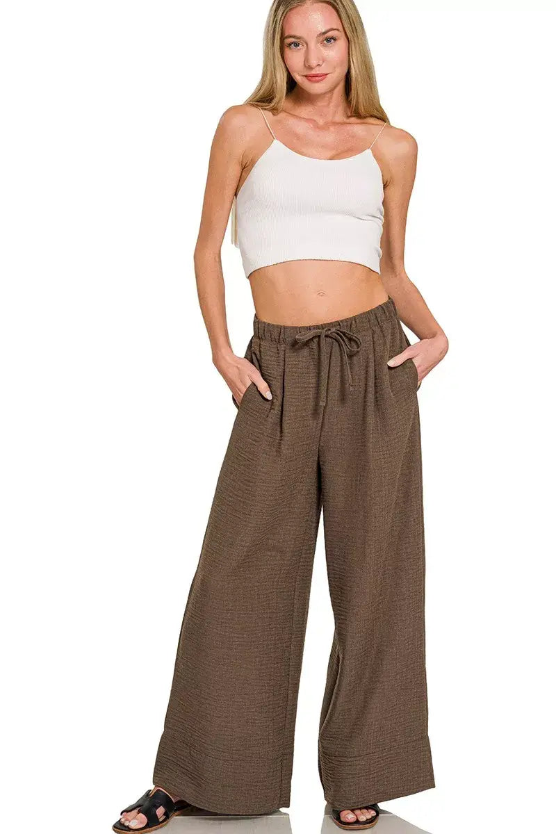 Zenana Woven Airflow Drawstring Pants - Trendsi - Flyclothing LLC