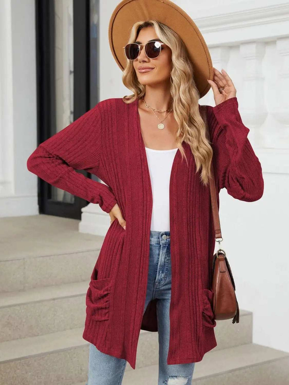 Pocketed Open Front Long Sleeve Cardigan - Trendsi - Flyclothing LLC