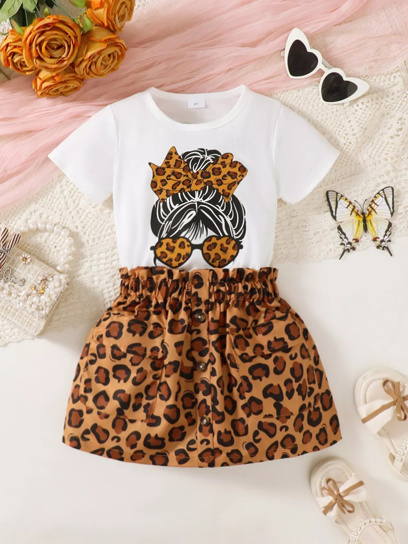 Children's Leopard Graphic Tee & Skirt Set - Trendsi - Flyclothing LLC