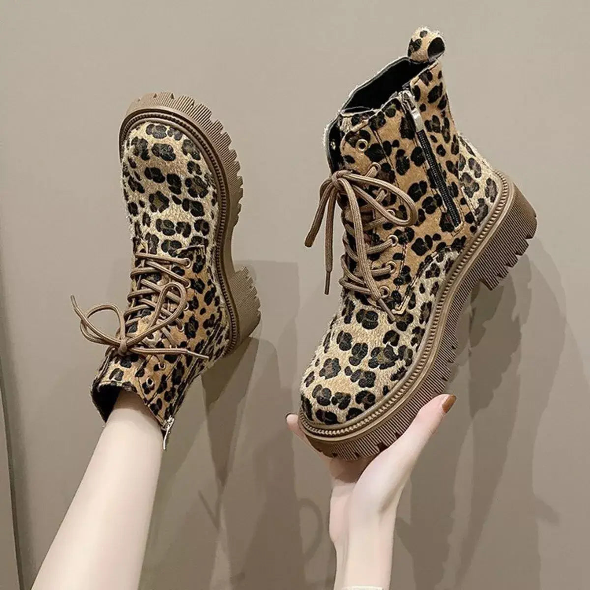 Animal Print Lace-Up Ankle Boots - Trendsi - Flyclothing LLC