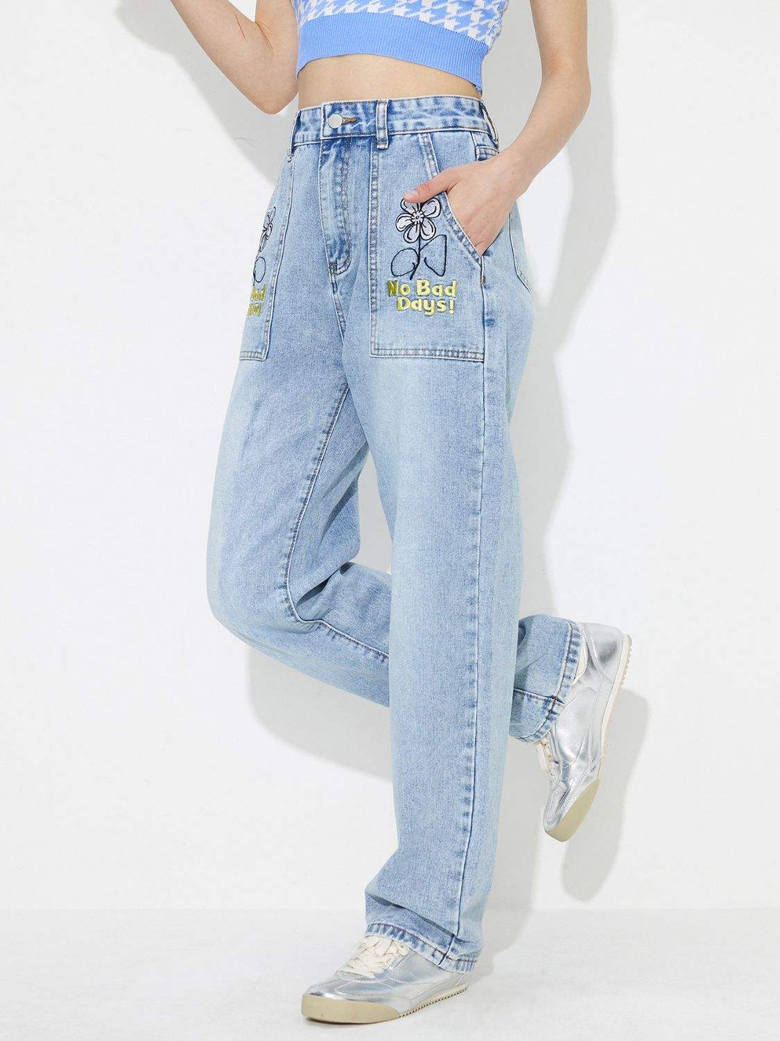 Flower High Rise Straight Leg Jeans with Pockets - Trendsi - Flyclothing LLC