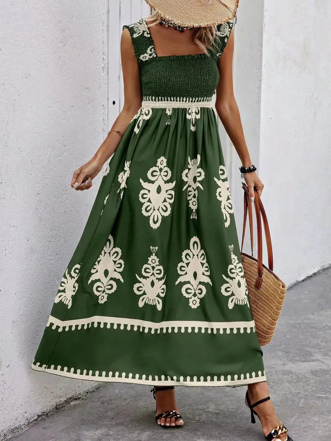 Smocked Printed Wide Strap Maxi Dress - Trendsi - Flyclothing LLC