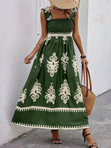 Smocked Printed Wide Strap Maxi Dress - Trendsi - Flyclothing LLC