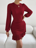 Ruffled Round Neck Long Sleeve Mini Dress - Trendsi