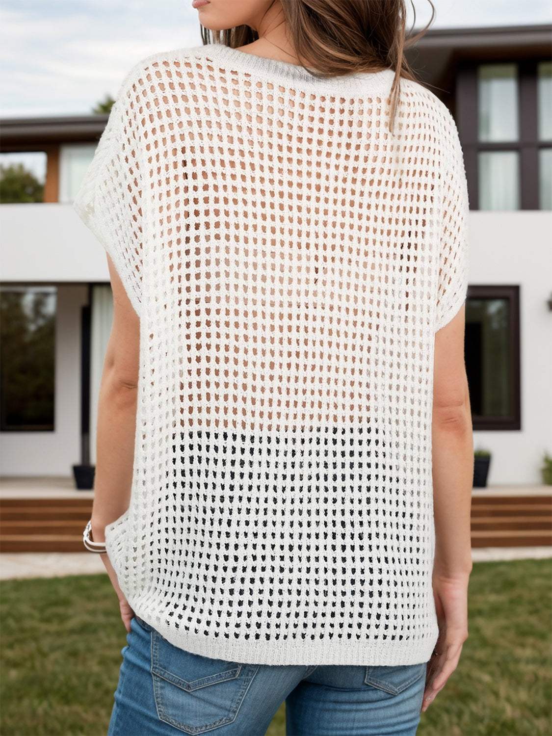 Openwork Round Neck Short Sleeve Cover-Up - Trendsi - Flyclothing LLC