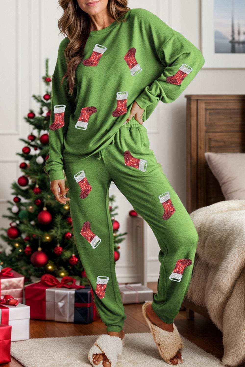 Sequin Socks Round Neck Long Sleeve Top and Pants Lounge Set - Trendsi - Flyclothing LLC
