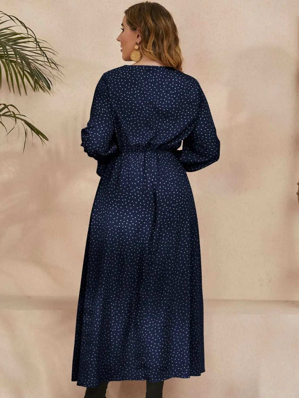 Plus Size Ruffled Polka Dot Long Sleeve Midi Dress - Trendsi - Flyclothing LLC