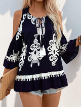 Tassel Printed Tie Neck Cold Shoulder Blouse - Trendsi - Flyclothing LLC